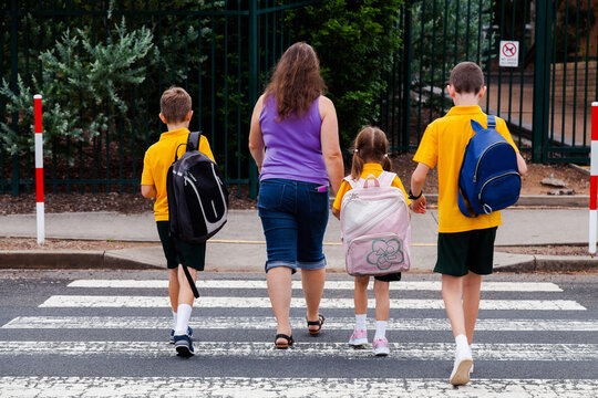 Family walking across pedestrian crossing to school