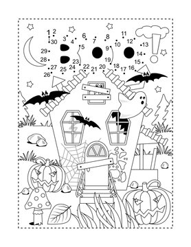 Halloween boo and haunted house dot-to-dot picture puzzle and coloring page
