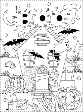 Halloween boo and haunted house dot-to-dot picture puzzle and coloring page
