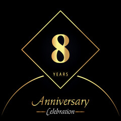 8 years anniversary celebration with gold square frames and circle shapes on black background. Premium design for birthday party, poster, banner, graduation, weddings, jubilee, greetings card.