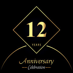 12 years anniversary celebration with gold square frames and circle shapes on black background. Premium design for birthday party, poster, banner, graduation, weddings, jubilee, greetings card.