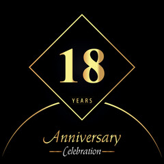 18 years anniversary celebration with gold square frames and circle shapes on black background. Premium design for birthday party, poster, banner, graduation, weddings, jubilee, greetings card.