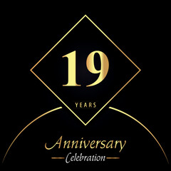 19 years anniversary celebration with gold square frames and circle shapes on black background. Premium design for birthday party, poster, banner, graduation, weddings, jubilee, greetings card.