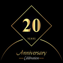 20 years anniversary celebration with gold square frames and circle shapes on black background. Premium design for birthday party, poster, banner, graduation, weddings, jubilee, greetings card.