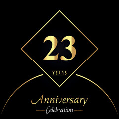 23 years anniversary celebration with gold square frames and circle shapes on black background. Premium design for birthday party, poster, banner, graduation, weddings, jubilee, greetings card.