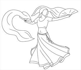 Young woman dancing bollywood dance. Lady turning around with fan veils. Indian dance, fusion dance. Happy woman on traditional indian clothes.