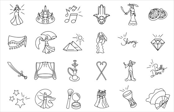 Set of 24 belly dance icons. Bellydance symbol collection. arab culture icons. Egyptian line logos. Isolated on white background. Dance icon set.