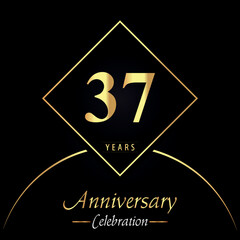 37 years anniversary celebration with gold square frames and circle shapes on black background. Premium design for birthday party, poster, banner, graduation, weddings, jubilee, greetings card.