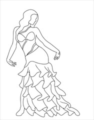 Beautiful woman dancing belly dance. Oriental dance, baladi dance, raqs shargy, arabian dance, tyrchish culture. Pretty dancer line art on isolated white background.