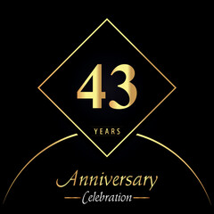 43 years anniversary celebration with gold square frames and circle shapes on black background. Premium design for birthday party, poster, banner, graduation, weddings, jubilee, greetings card.