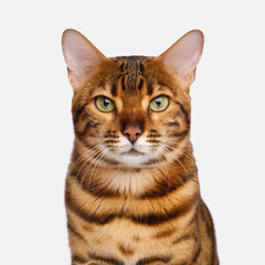 Funny portrait of bengal cat with curious muzzle gazing on Isolated white background
