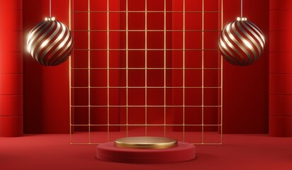 3D rendering of blank product background for cream cosmetics Modern red podium background