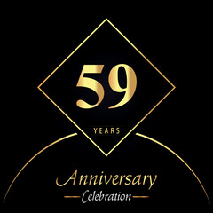 59 years anniversary celebration with gold square frames and circle shapes on black background. Premium design for birthday party, poster, banner, graduation, weddings, jubilee, greetings card.