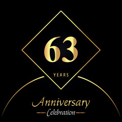 63 years anniversary celebration with gold square frames and circle shapes on black background. Premium design for birthday party, poster, banner, graduation, weddings, jubilee, greetings card.