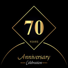 70 years anniversary celebration with gold square frames and circle shapes on black background. Premium design for birthday party, poster, banner, graduation, weddings, jubilee, greetings card.