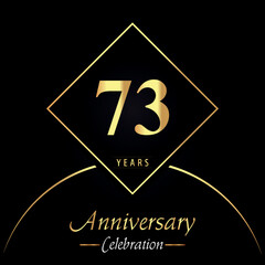 73 years anniversary celebration with gold square frames and circle shapes on black background. Premium design for birthday party, poster, banner, graduation, weddings, jubilee, greetings card.