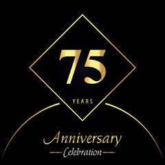 75 years anniversary celebration with gold square frames and circle shapes on black background. Premium design for birthday party, poster, banner, graduation, weddings, jubilee, greetings card.