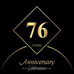 76 years anniversary celebration with gold square frames and circle shapes on black background. Premium design for birthday party, poster, banner, graduation, weddings, jubilee, greetings card.