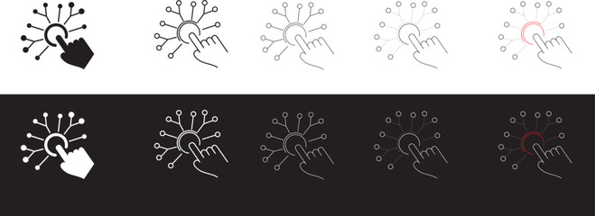 User interaction thin icon, Interactive Touch Here with Button click with Finger think to modern icon with White Background - obrazy, fototapety, plakaty