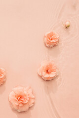 Water beauty background. Natural pattern with pink roses on the surface of transparent water...