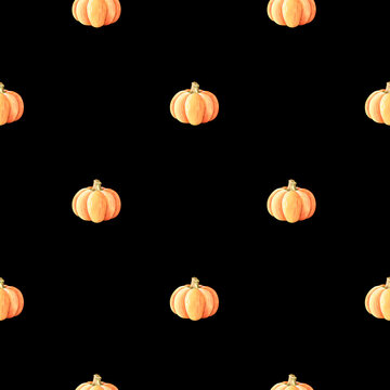 Little pumpkins seamless pattern. Watercolor illustration. Isolated on a black background.
