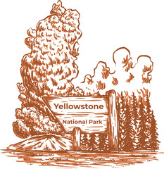 hand drawn vintage yellowstone national park