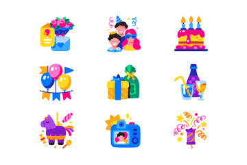 Birthday party attributes icons set