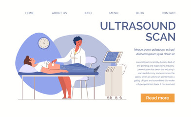 Doctor makes ultrasound scan to patient. Medical office interior. Characters flat color illustration. Web template, landing page. Vector.