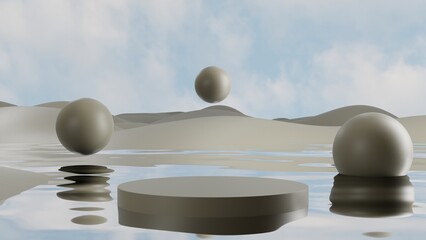grey white podium or pedestal on water surface, empty platform for product showcase, 3D Rendering