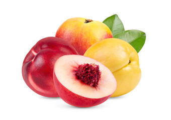 Nectarine fruit with leaves isolated on white