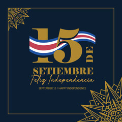 VECTORS. Banner for Costa Rica Independence Day, September 15, civic holiday, patriotic, flag, elegant, golden, ox cart ornaments, frame