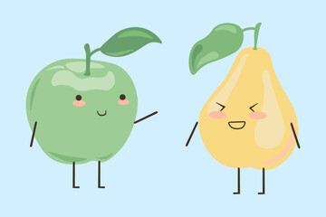 Fruit and vegetables. Cartoon characters emotion expressions. Funny smiling faces. Happy ripe apple. Laughing juicy summer pear with leaf. Healthy product. food mascot stickers set