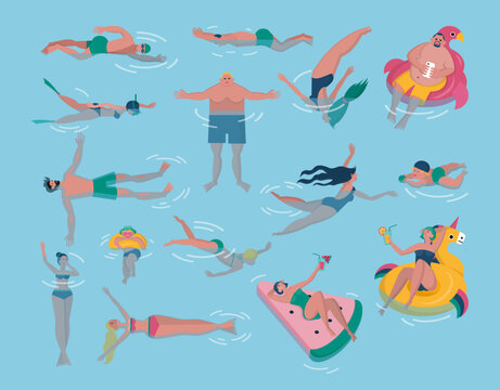 People in swimming pool. Swimmers diving or lying on inflatable mattresses. Women in water. Kid persons fun. Active man floating in aqua. Summer vacation. Vector cartoon illustration