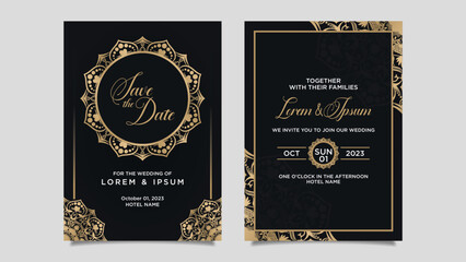 Beautiful golden luxury mandala flower wedding invitation template design