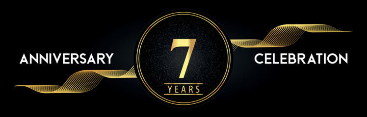 7 Years Anniversary Celebration with Golden Waves and Circle Frames on Luxury Background. Premium Design for banner, poster, graduation, weddings, happy birthday, greetings card and, jubilee.