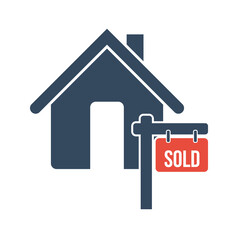 house and street sold sign, real estate flat vector icon