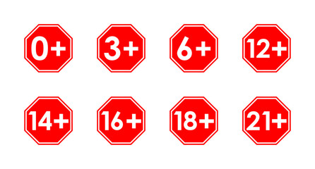age limit warning sins, vector red octagonal icons set