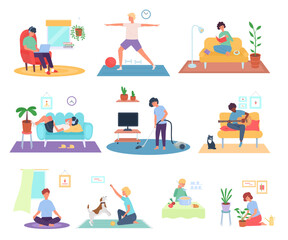Stay home. Pandemic quarantine work and life. Persons activities set. Guy doing relaxing yoga exercises or meditating. Man playing guitar. Woman reading in room. Vector flat illustration