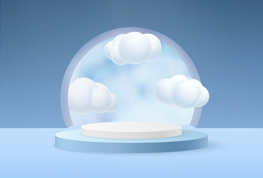3d abstract stand. Studio with empty podium, clouds and wall with spotlight in minimalism style. Product promotional place, advertising template. Vector background render illustration