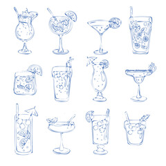 Hand draw alcoholic cocktails Pina colada, aperol shpritz, margarita, mojito, blue lagoon, long island, bloody mary, cosmopolitan, daiquiri, tequila sunrise, gin tonic - obrazy, fototapety, plakaty