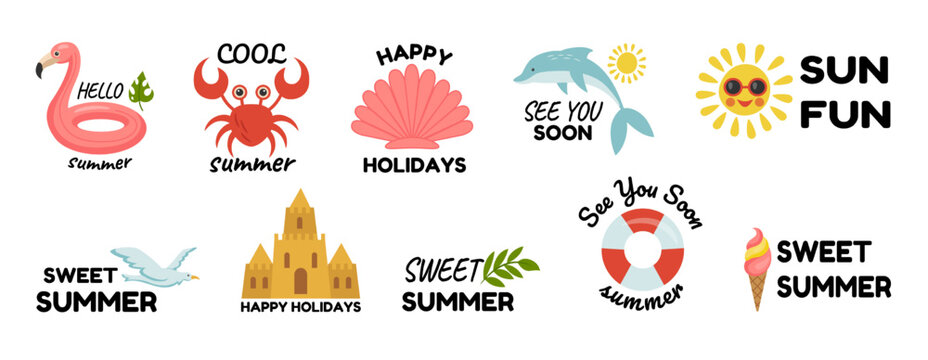 Summer fun logo stickers. Cartoon icons with vacation objects and lettering phrases. Enjoy sun or beach. Sea party label. Summertime holiday. Fruit juice. Sea animal. Vector badges set