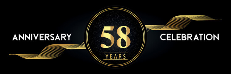 58 Years Anniversary Celebration with Golden Waves and Circle Frames on Luxury Background. Premium Design for banner, poster, graduation, weddings, happy birthday, greetings card and, jubilee.