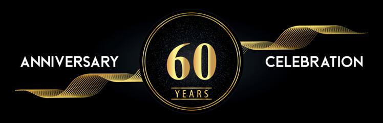 60 Years Anniversary Celebration with Golden Waves and Circle Frames on Luxury Background. Premium Design for banner, poster, graduation, weddings, happy birthday, greetings card and, jubilee.
