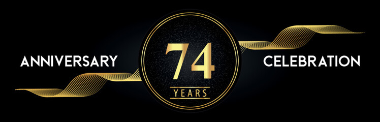 74 Years Anniversary Celebration with Golden Waves and Circle Frames on Luxury Background. Premium Design for banner, poster, graduation, weddings, happy birthday, greetings card and, jubilee.