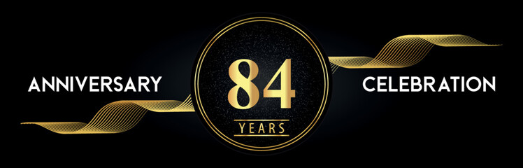 84 Years Anniversary Celebration with Golden Waves and Circle Frames on Luxury Background. Premium Design for banner, poster, graduation, weddings, happy birthday, greetings card and, jubilee.