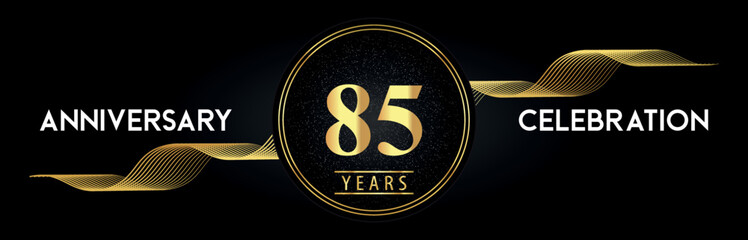 85 Years Anniversary Celebration with Golden Waves and Circle Frames on Luxury Background. Premium Design for banner, poster, graduation, weddings, happy birthday, greetings card and, jubilee.