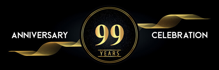 99 Years Anniversary Celebration with Golden Waves and Circle Frames on Luxury Background. Premium Design for banner, poster, graduation, weddings, happy birthday, greetings card and, jubilee.