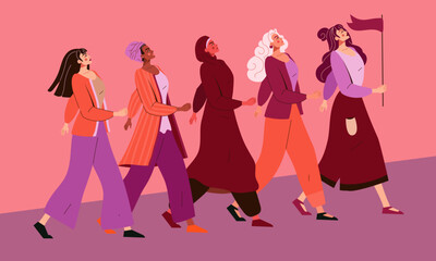 Fototapeta na wymiar Strong woman power. Multiethnic girl and women walk in protest with flag, flight group on march, young attitude, hand drawn art, feminism concept. Vector illustration background