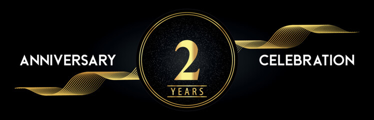 2 Years Anniversary Celebration with Golden Waves and Circle Frames on Luxury Background. Premium Design for banner, poster, graduation, weddings, happy birthday, greetings card and, jubilee.