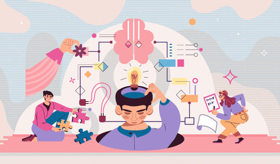 Complex decision challenge. Business skills. Correct management process. Puzzle quest. People search solutions. Persons find idea. Analytical brain. Rational mind. Vector illustration